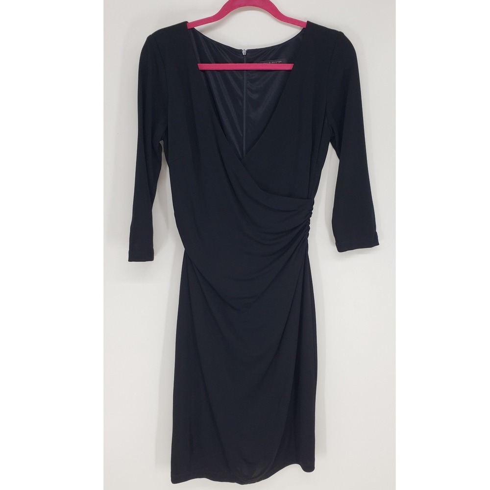 David Meister Ruched Faux Wrap Sheath Cocktail Dress Size 8 Black 3/4 Sleeve LBD